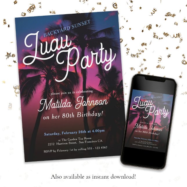 Invitation Fun Tropical Sunset Luau Party 80e anniversaire (80th Birthday Tropical Sunset Luau Party Classy Invitation)