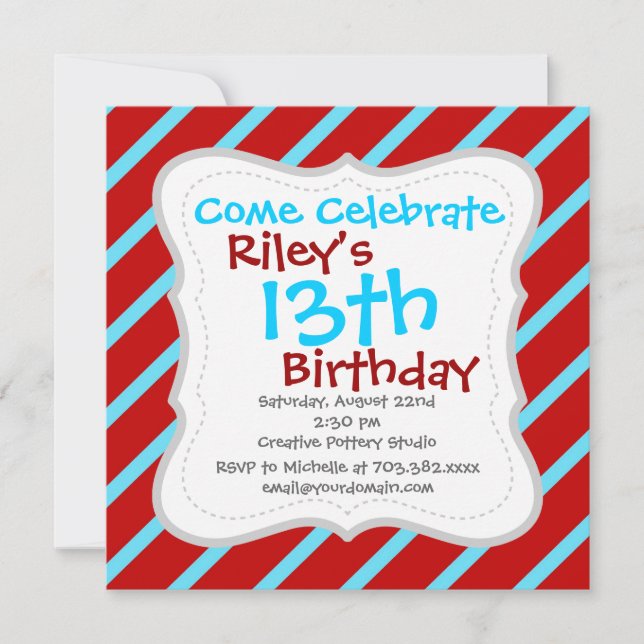 Invitation Fun Turquoise Turquoise Red Diagonal Stripes Cadea (Devant)