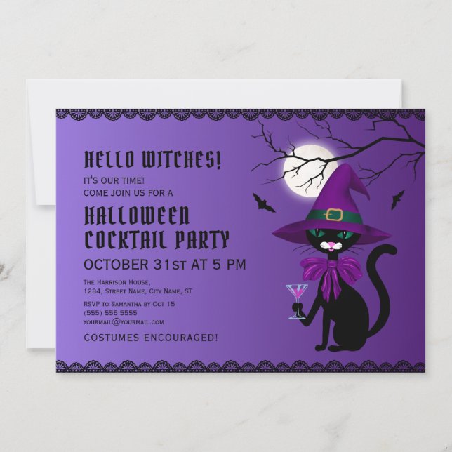 Invitation Fun Violet Chat Noir Sorcière Casquette Lune Hallo (Devant)