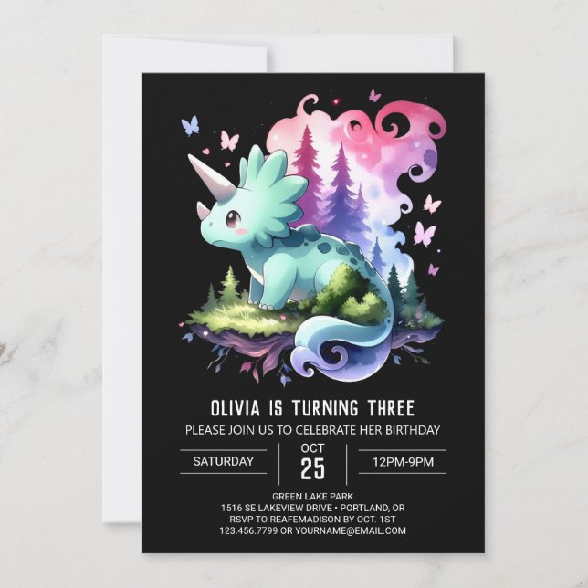 Invitation Fun Watercolor Triceratops Anniversaire (Devant)