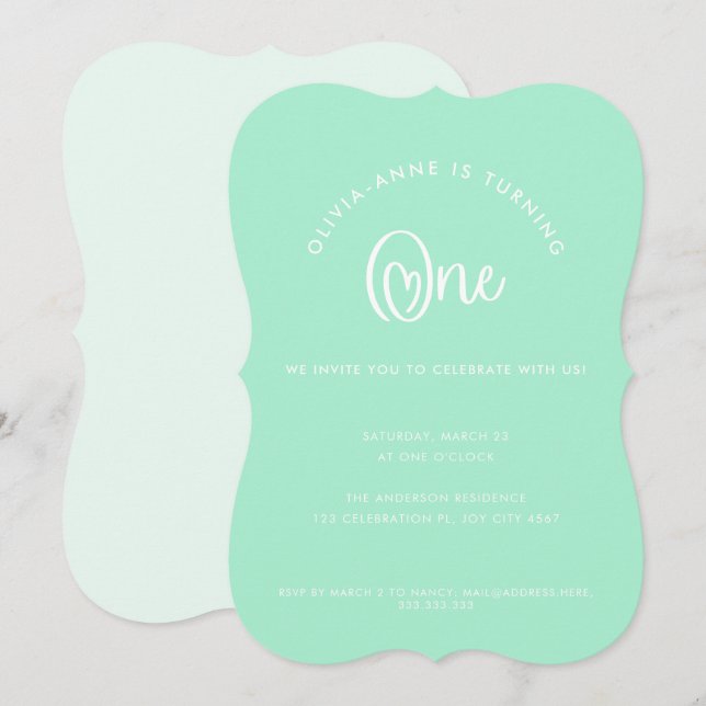 Invitation Fun Whimsical Mint Coeur Script Premier anniversai (Devant / Derrière)
