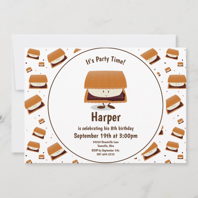Invitation Fun White Brown S'more Motif Anniversaire des enfa (Devant)