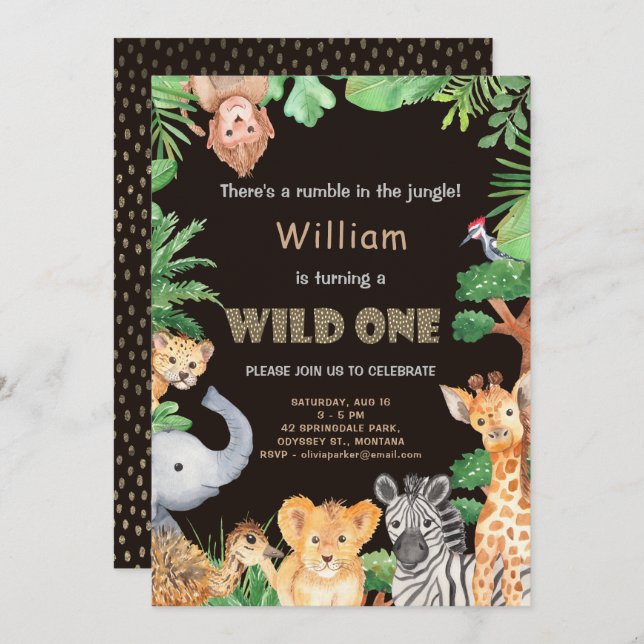 Invitation Fun Wild One Jungle Boy Premier anniversaire (Devant / Derrière)