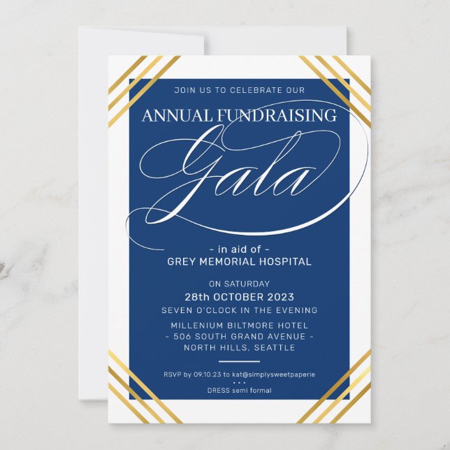 Invitation FUNDRAISING GALA événement fancy cadre or bleu mar (Devant)
