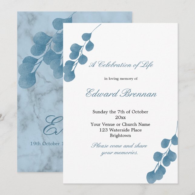 Invitation Funérailles Blue Eucalyptus Célébration De La Vie (Devant / Derrière)