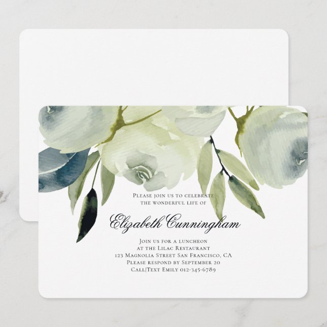 Invitation Funérailles commémoratives Aquarelle Florale et Fo (Devant / Derrière)