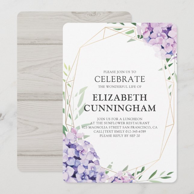 Invitation Funérailles commémoratives Hydrangea Lilac Floral  (Devant / Derrière)