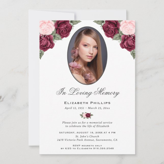 Invitation Funérailles Florales Roses Rouges En Mémoire D'Amo (Devant)