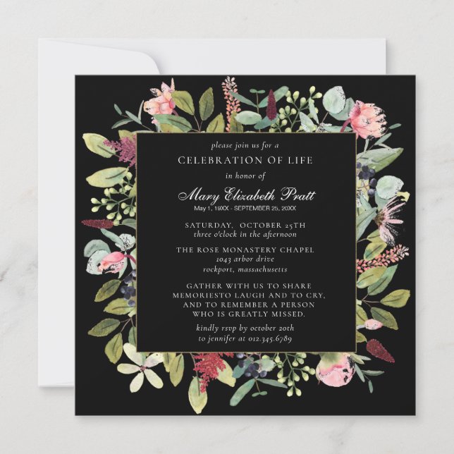Invitation Funérailles rose violet Floral noir Arrière - plan (Devant)