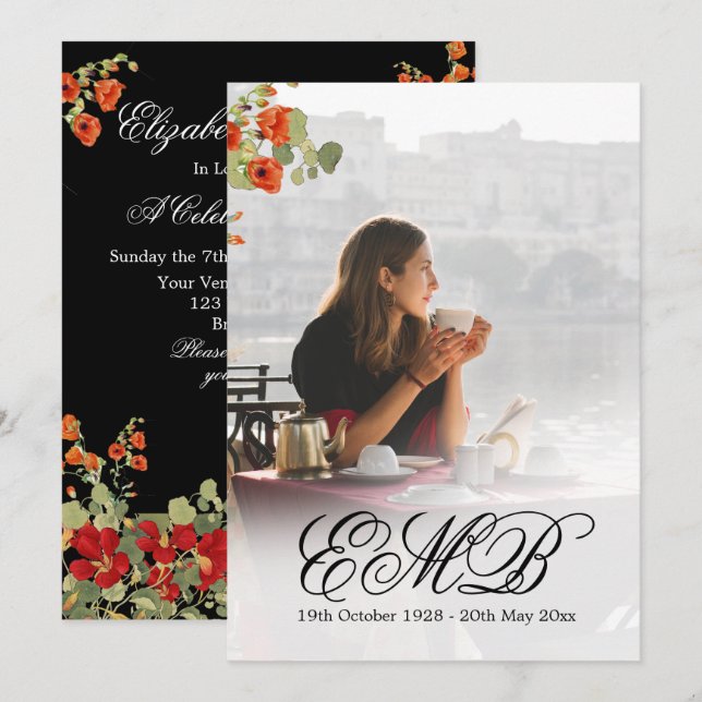 Invitation Funéraire Photo Floral Black Celebration (Devant / Derrière)