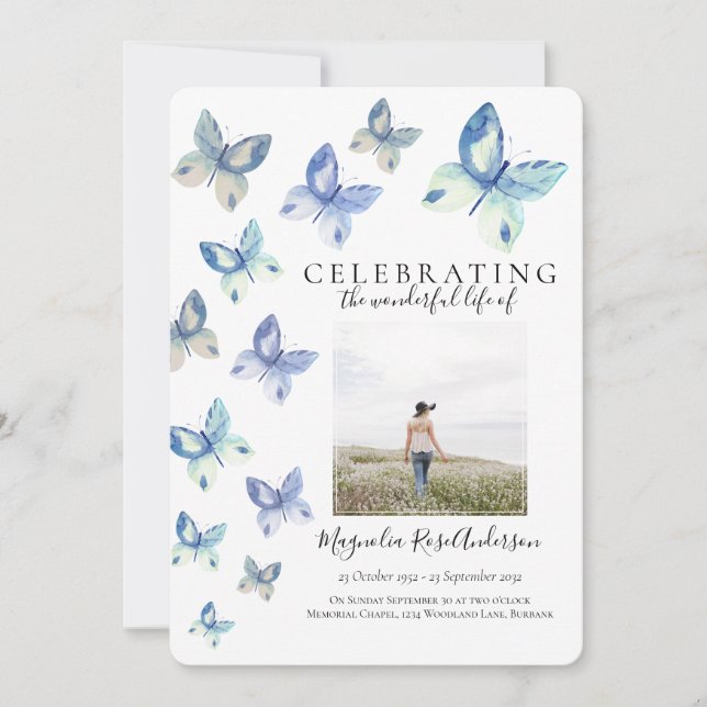 Invitation funéraire simple papillon bleu (Devant)