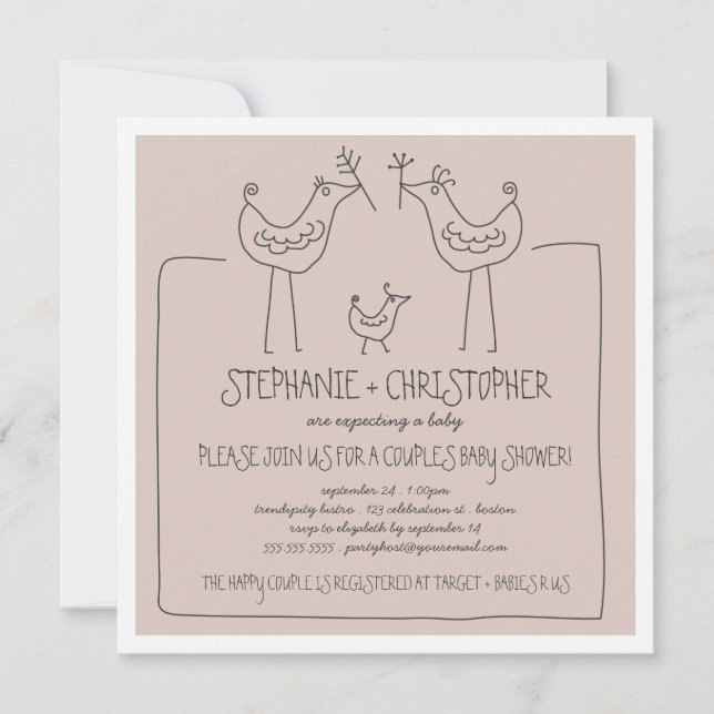 Invitation Funky Birds Modern Family Couples Baby Shower Tan (Devant)
