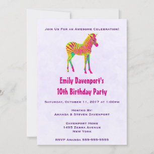 Invitation funky d'anniversaire bébé zèbre néon ps