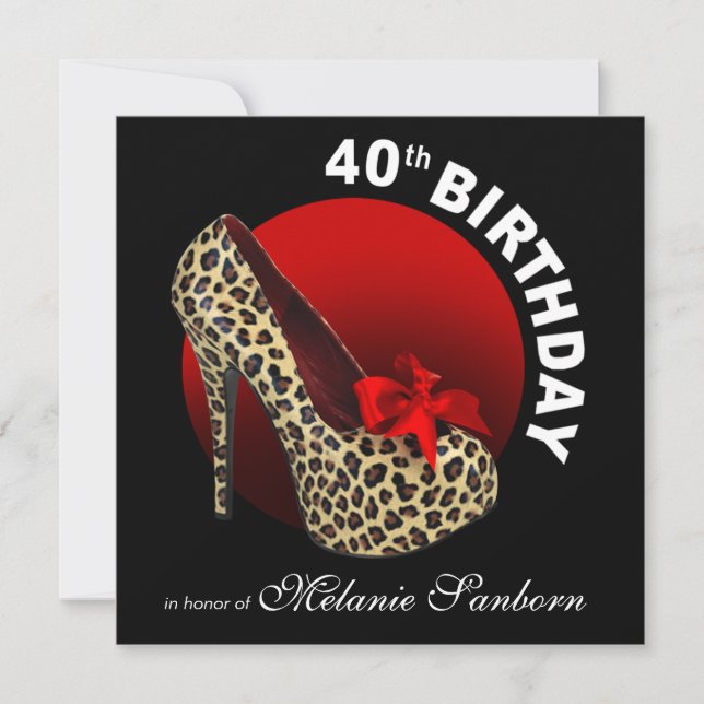 Invitation Funky Leopard Stiletto 40e anniversaire noir rouge (Devant)