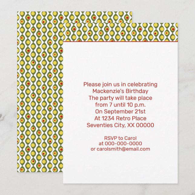 Invitation Funky Rétro Motif Perle Olive Couleurs Personnalis (Devant / Derrière)