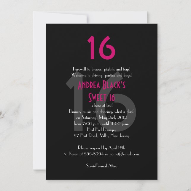 Invitation Funky Rose et Black Sweet 16 Anniversaire Invitati (Devant)