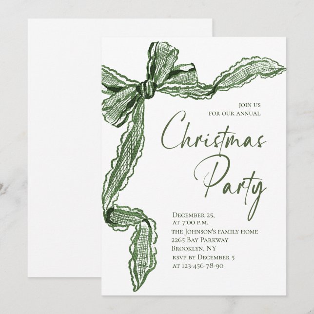 Invitation Funky Whimsical Christmas Green Bow Holiday Party (Devant / Derrière)