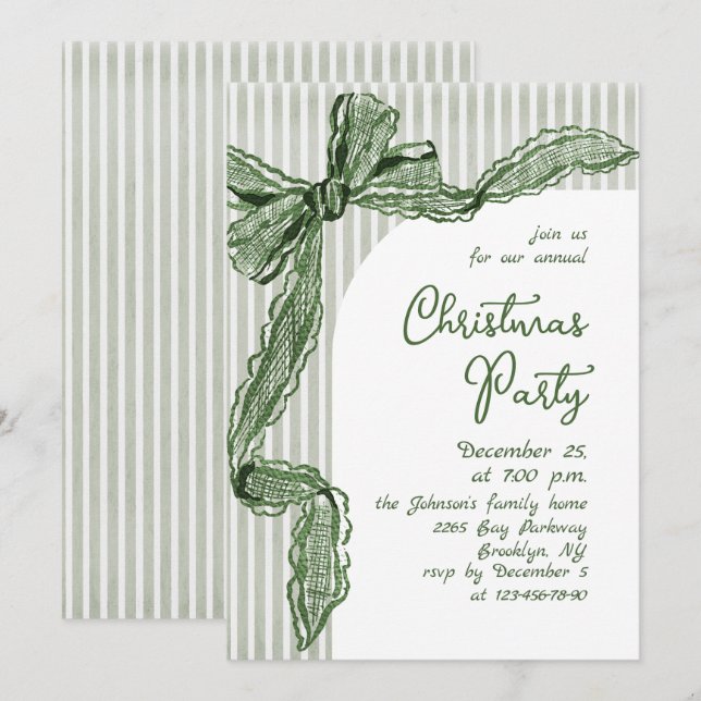 Invitation Funky Whimsical Christmas Green Bow Holiday Party (Devant / Derrière)