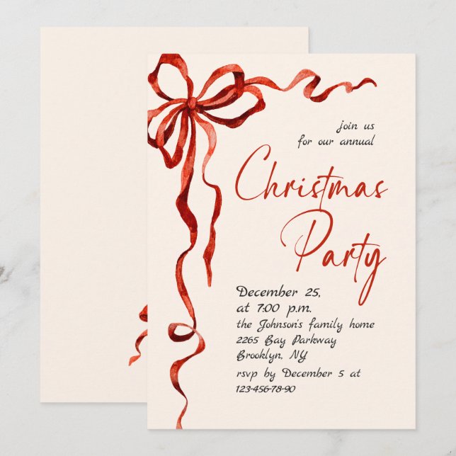Invitation Funky Whimsical Christmas Red Bow Holiday Party (Devant / Derrière)
