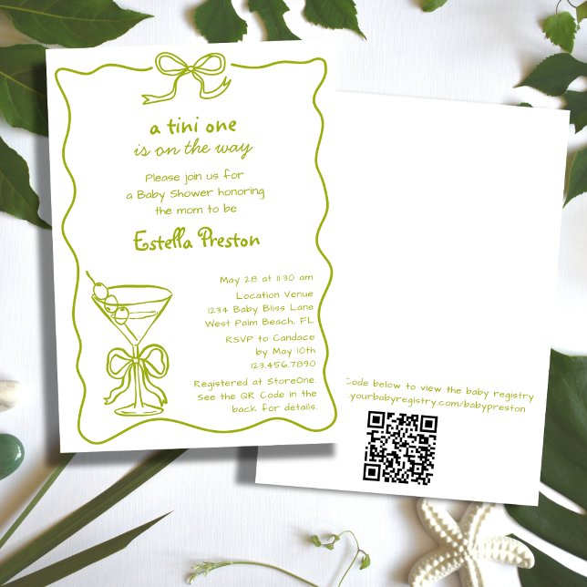Invitation Funky Whimsical Green Martini QR Code Baby shower (Créateur téléchargé)