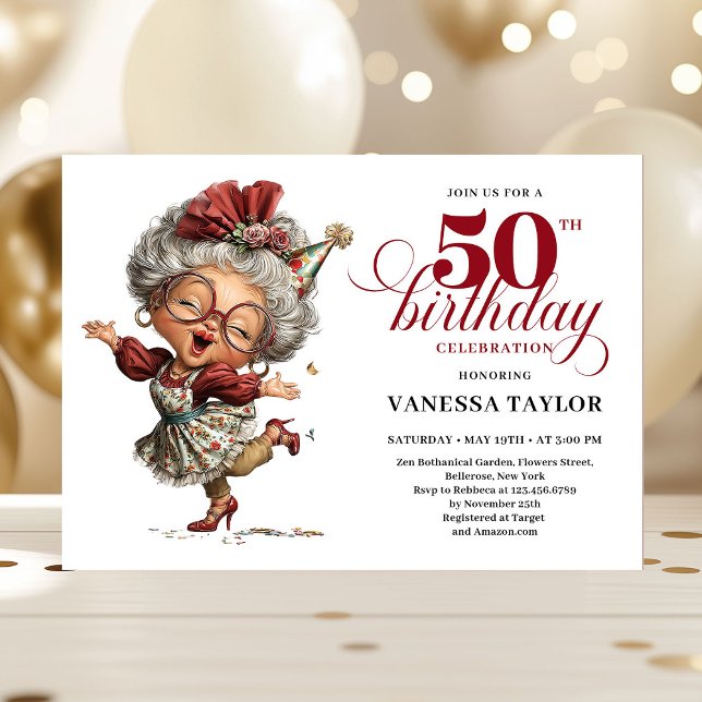 Invitation Funny 50th birthday woman whimsical party card (Funny 50th birthday woman whimsical party card)