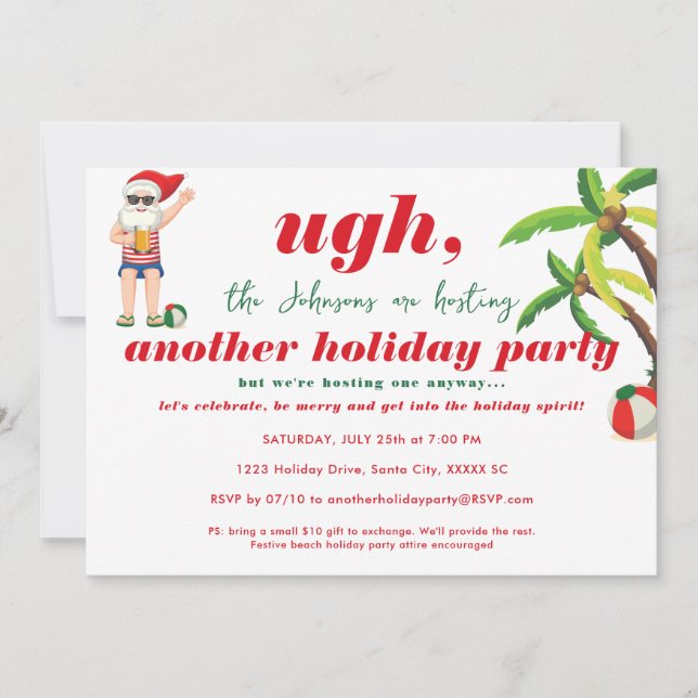 Invitation Funny Beach Noël En Juillet Père Noël Beer Party (Devant)