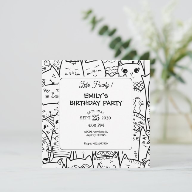 Invitation Funny Cats doodle motif anniversaire (Debout devant)