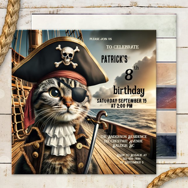 Invitation Funny Chat Pirate Anniversaire (A funny birthday party invitation  for children featuring a pirate cat on a clipper)
