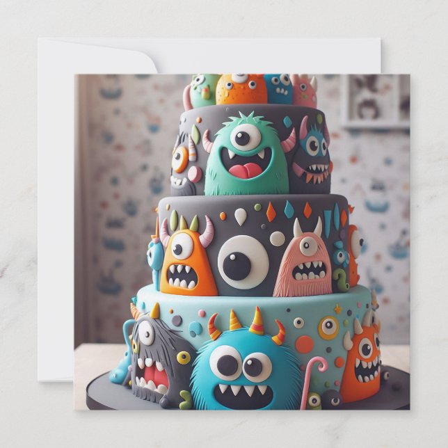 INVITATION FUNNY COLORÉ GÂTEAU DE MONSTER ANNIVERSAIRE (Devant)