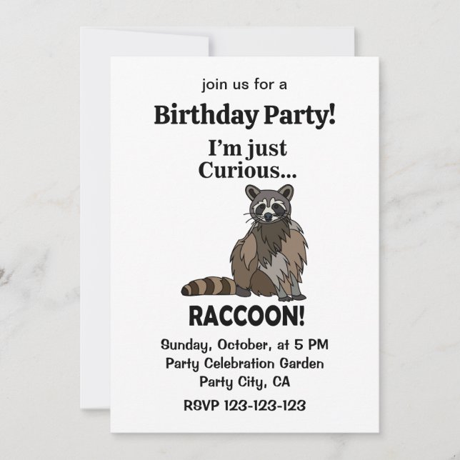Invitation Funny Curious Raccoon Birthday Party (Devant)