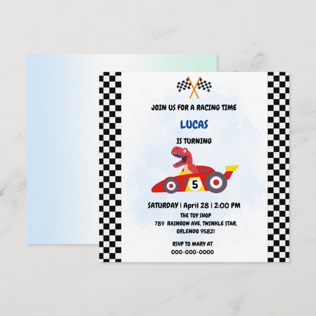Invitation Funny Dinosaur voiture de course garçon anniversai (Devant / Derrière)