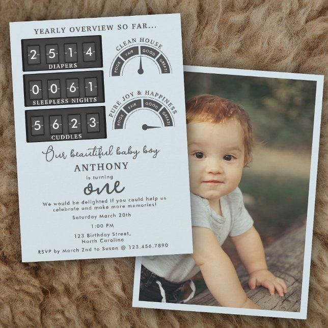 Invitation Funny First Birthday Baby Boy Cute Stats Photo (Funny First Birthday Baby Boy Cute Stats Photo Invitation)