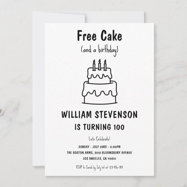 Invitation Funny Free Cake Joke Simple Quirky 100e anniversai (Devant)