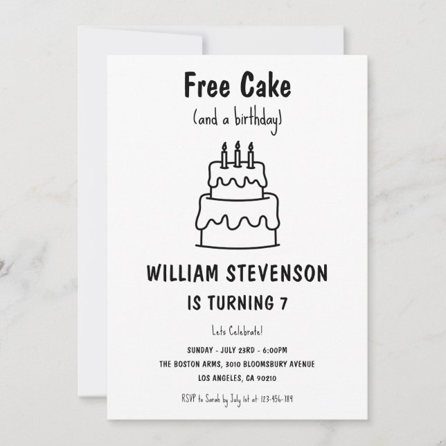 Invitation Funny Free Cake Joke Simple Quirky 7e anniversaire (Devant)