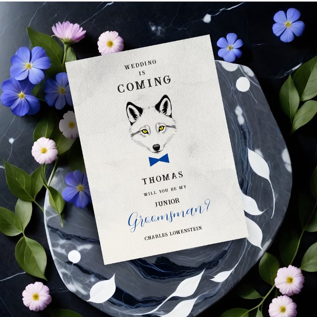 Invitation Funny Groomsman Blue Bow Tie Wedding Proposal  (Junior Groomsman Proposal Card with Blue Bow Tie and Grey Shades Design.)