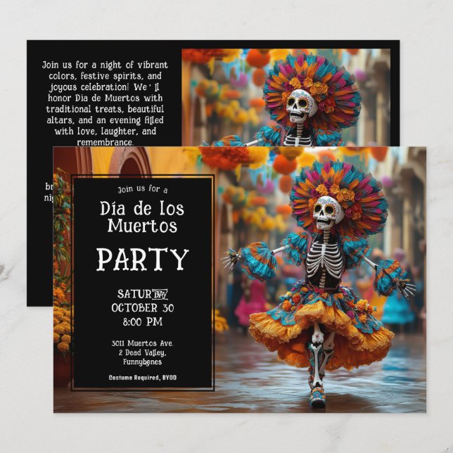 Invitation 💀 Funny La Calavera en casquette avec des fleurs (Devant / Derrière)