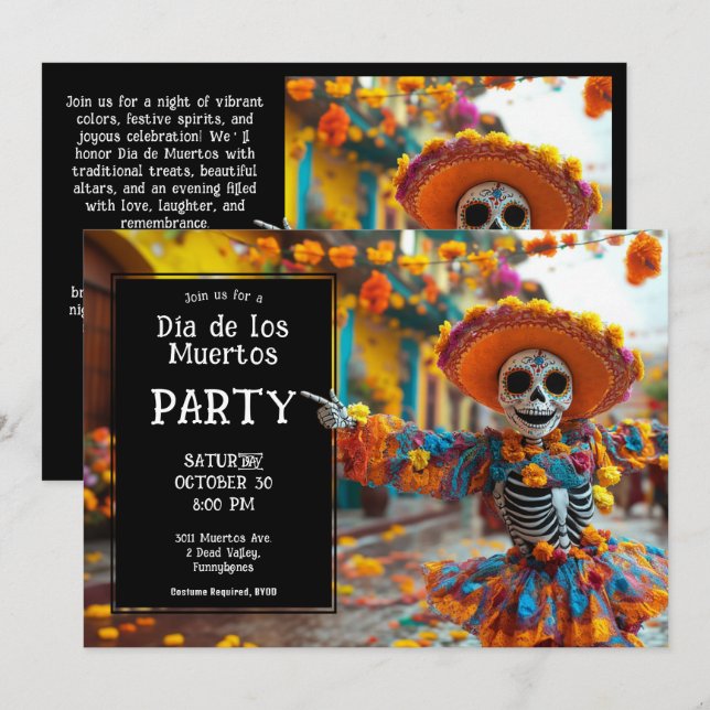 Invitation 💀 Funny La Calavera en casquette avec des fleurs (Devant / Derrière)