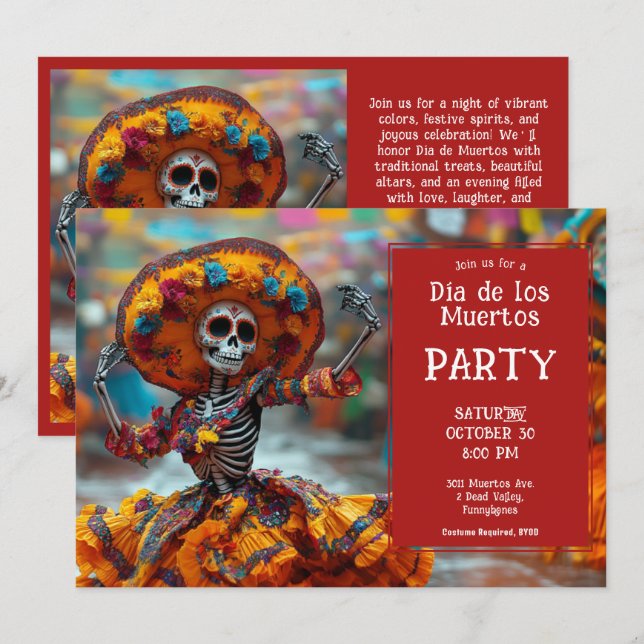 Invitation 💀 Funny La Calavera en robe orange (Devant / Derrière)