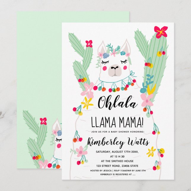 Invitation Funny llama cactus illustration baby shower de la  (Devant / Derrière)