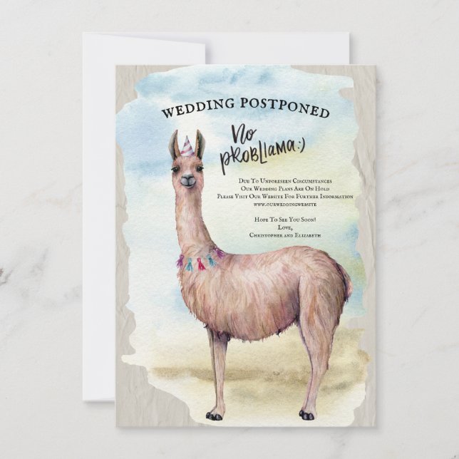 Invitation Funny Llama Mariage reportée Date aquarelle (Devant)