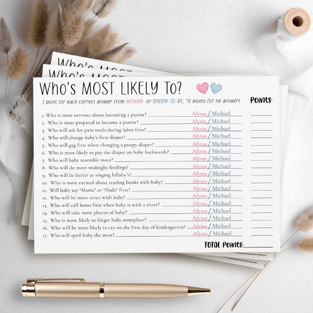 Invitation Funny Most Likely To Couples Baby Shower Game Card (Funny cute Who's Most Likely To mommy-to-be and daddy personalized name fun couple shower game card)