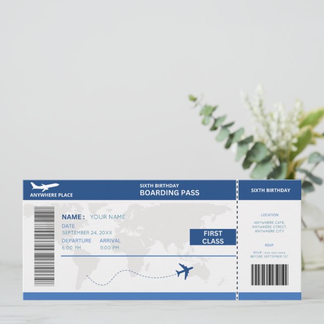 Invitation Funny passport, boarding pass ticket 6th birthday (Debout devant)