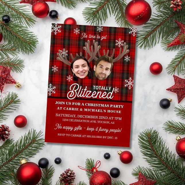 Invitation Funny Photo Face Blitzened Christmas Party (Funny cocktail or office party invitation with two faces, antlers for totally blitzened invitation)