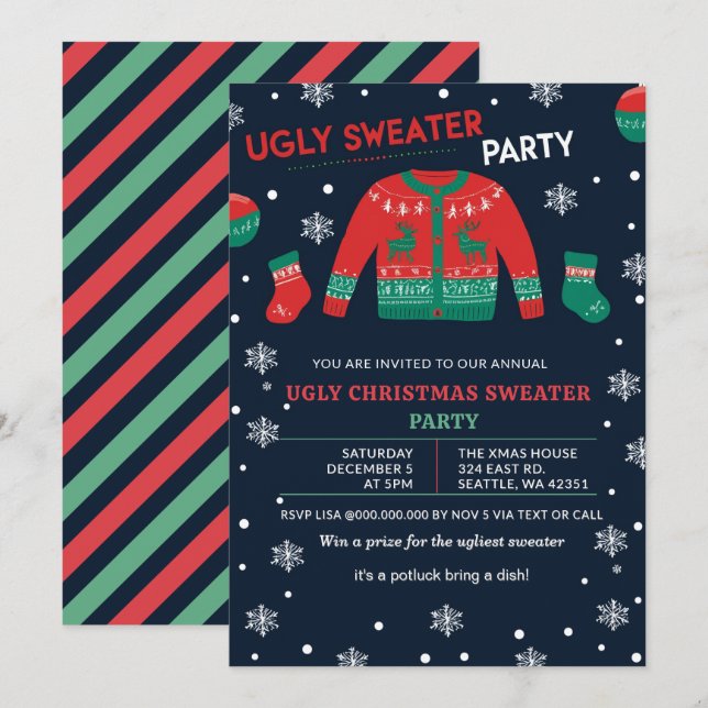 Invitation Funny Red Green Ugly Christmas Sweater Party (Devant / Derrière)