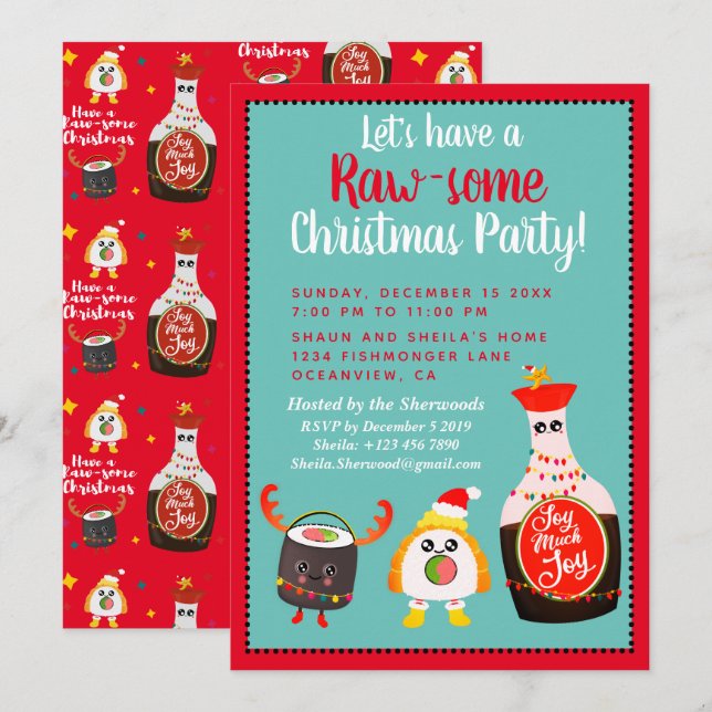 Invitation Funny Red Kawaii Sushi fête de Noël (Devant / Derrière)