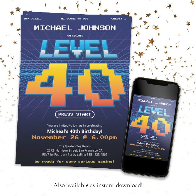 Invitation Funny Retro 80s 40e fête d'anniversaire (40th Birthday Game Screen Retro 80s Fun Custom Invitation)