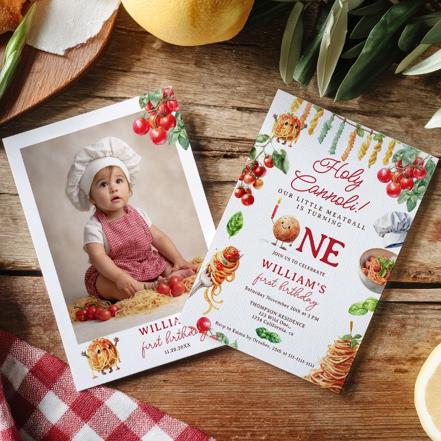 Invitation Funny Saint Cannoli petite boulette de viande 1er  (Funny Holy Cannoli little meatball 1st birthday Invitation)