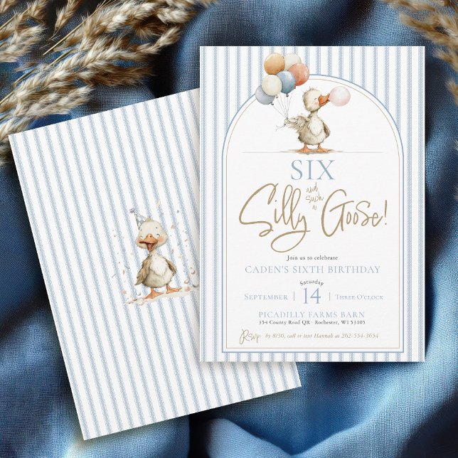Invitation Funny SIX Silly Goose Cute Arch Boy 6e anniversair (SIX Silly Goose blue ticking pinstripes modern arch whimsical geese boys 6th birthday invitations)