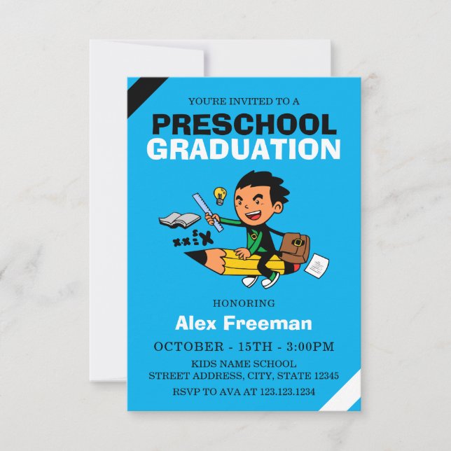 Invitation Funny Sky Blue Boy Preschool Graduol (Devant)