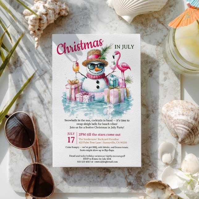 Invitation Funny Snowman Pool Party Noël en juillet (Funny Snowman Pool Party Christmas in July Invitation)